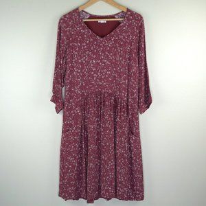 Garnet Hill Red Floral Print 3/4 Sleeve Knee Length Relaxed Fit Dress, Size 10